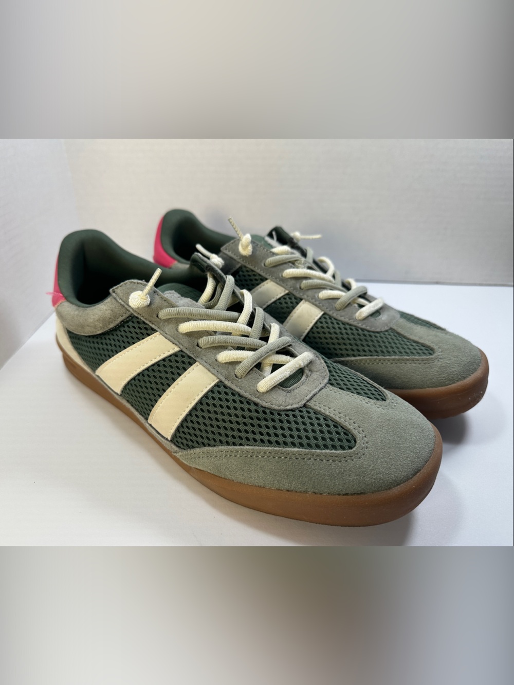 Project Cloud Olive Green Suede Mesh Sneakers Shoes Size 10 Cream Stripes